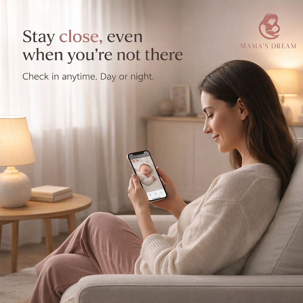 Mom sitting watching her baby through the baby monitor