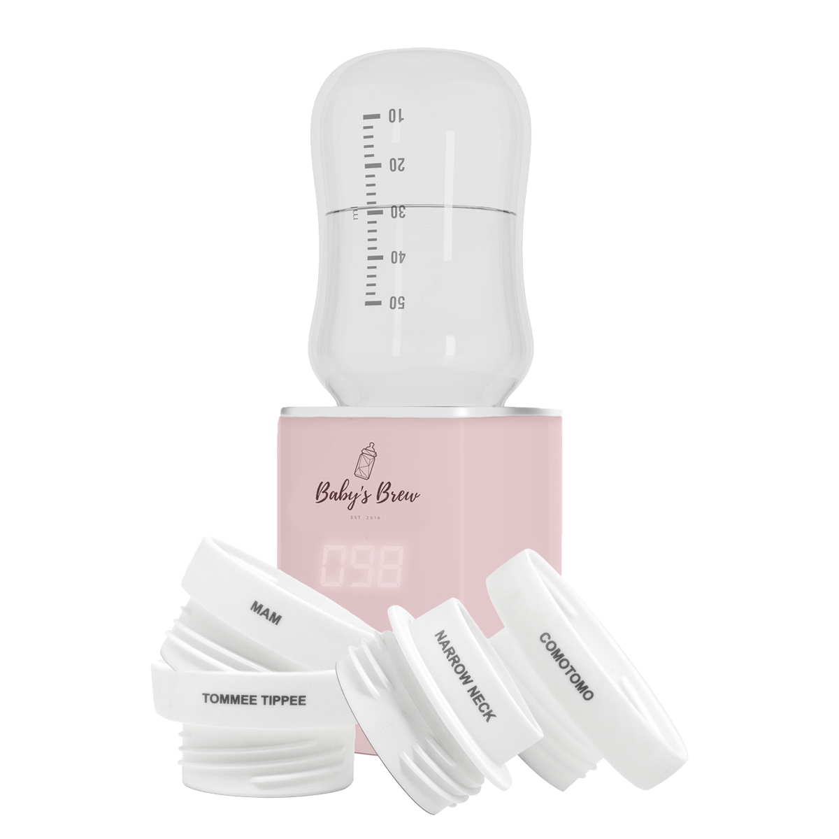 Pink Baby's Brew portable bottle warmer with measuring container and four bottle adapters by Mama's Dream