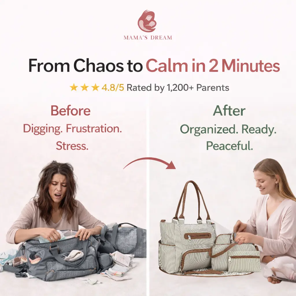 Before and after diaper bag organization showing a diaper bag set with organized baby essentials by Mama's Dream