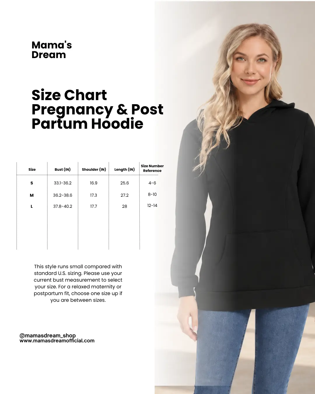 Size chart for maternity nursing hoodie with long sleeves for pregnancy and postpartum by Mama's Dream