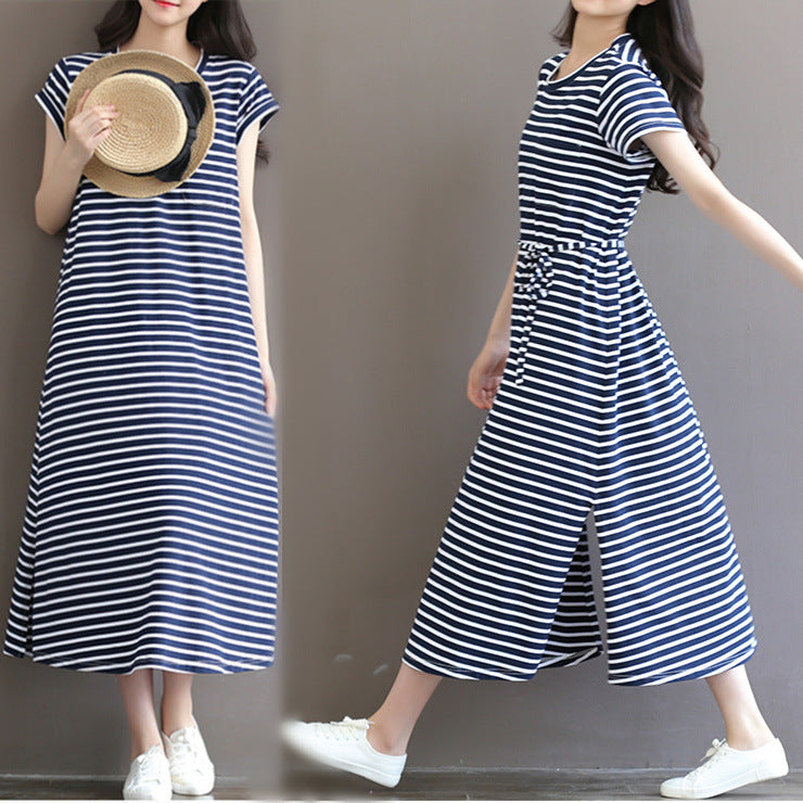 Front and side views of a navy and white striped maternity maxi dress with an adjustable waist tie by Mama's Dream