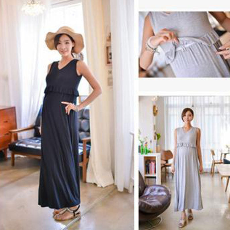 Pregnant women wearing sleeveless maternity nursing maxi dresses with discreet lift-up breastfeeding access by Mama's Dream