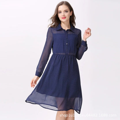 Spring and Autumn Chiffon maternity dress, hot mom's outerwear, lapel long-sleeved lactation dress, polka dot maternity dress