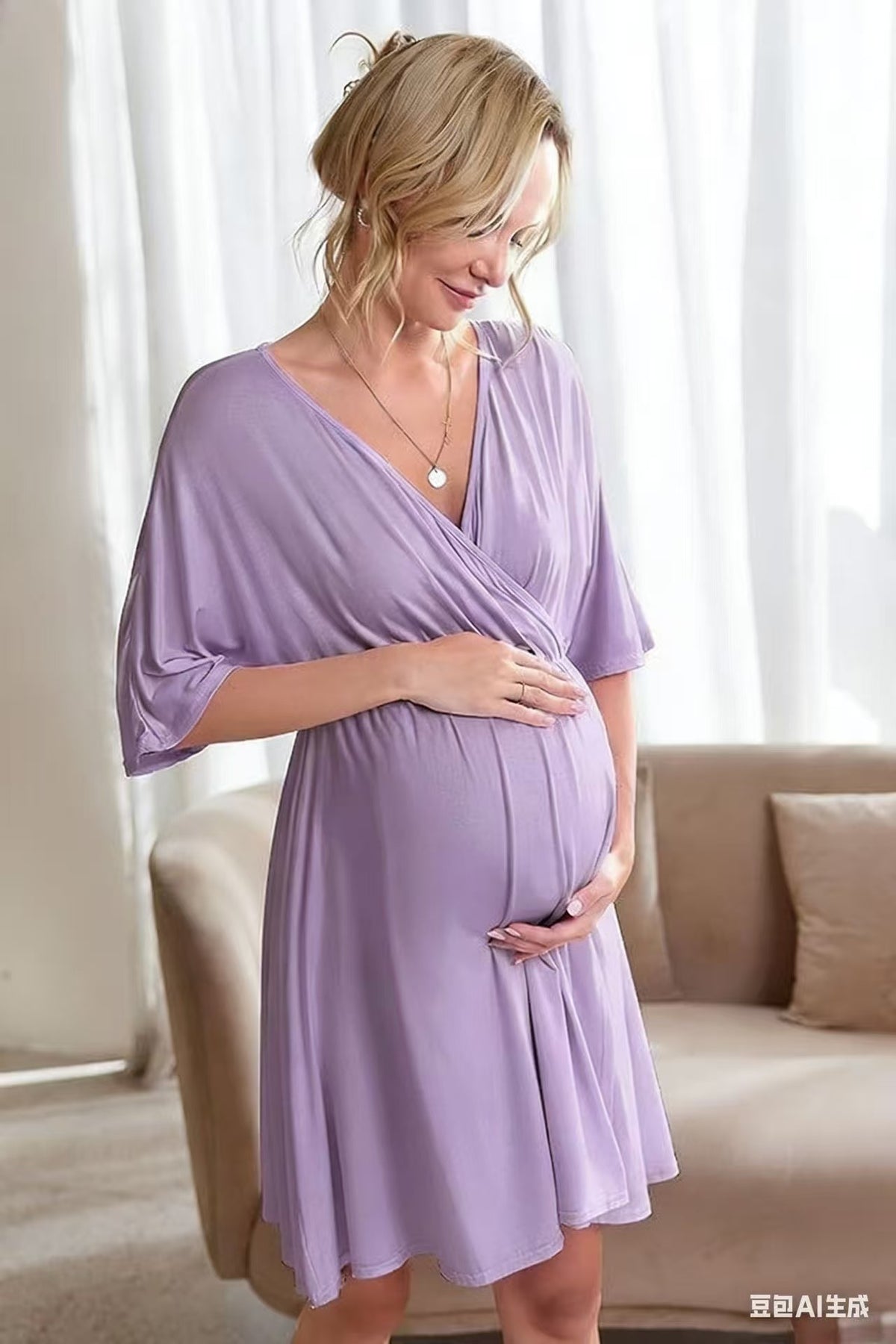 V-Neck Maternity & Nursing Wrap Dress with Kimono Sleeves