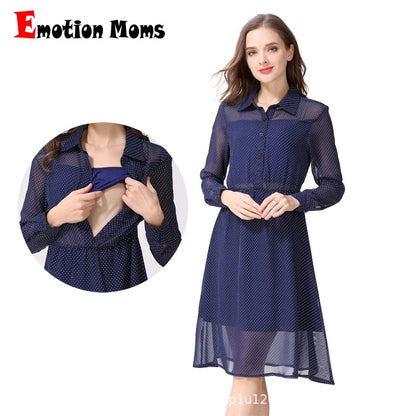 Spring and Autumn Chiffon maternity dress, hot mom's outerwear, lapel long-sleeved lactation dress, polka dot maternity dress