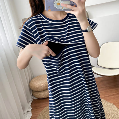 8874 dress for going out and feeding, striped short-sleeved for pregnant women, postpartum feeding long dress