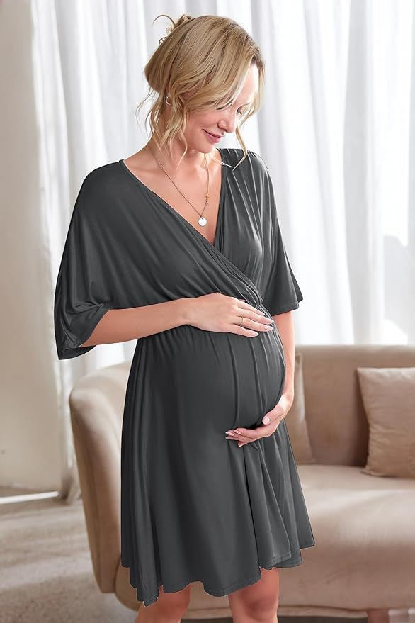 V-Neck Maternity & Nursing Wrap Dress with Kimono Sleeves