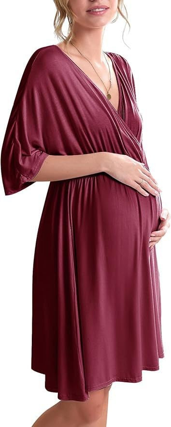 V-Neck Maternity & Nursing Wrap Dress with Kimono Sleeves
