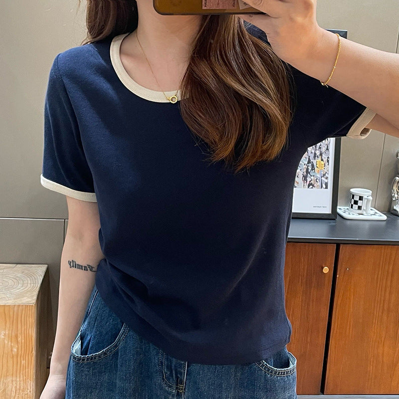 feeding short-sleeved pure cotton T-shirt, postpartum U-neck color-blocking top for feeding during the confinement period, trendy outerwear for hot moms going out