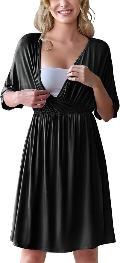 V-Neck Maternity & Nursing Wrap Dress with Kimono Sleeves
