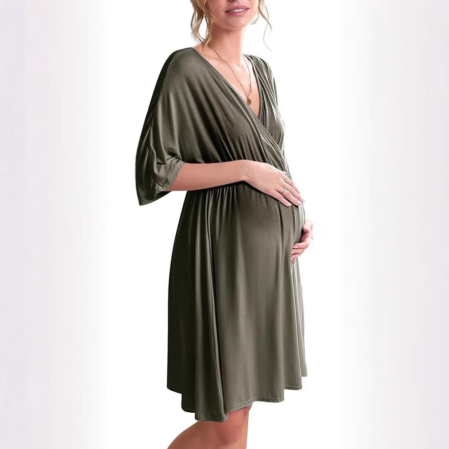 V-Neck Maternity & Nursing Wrap Dress with Kimono Sleeves