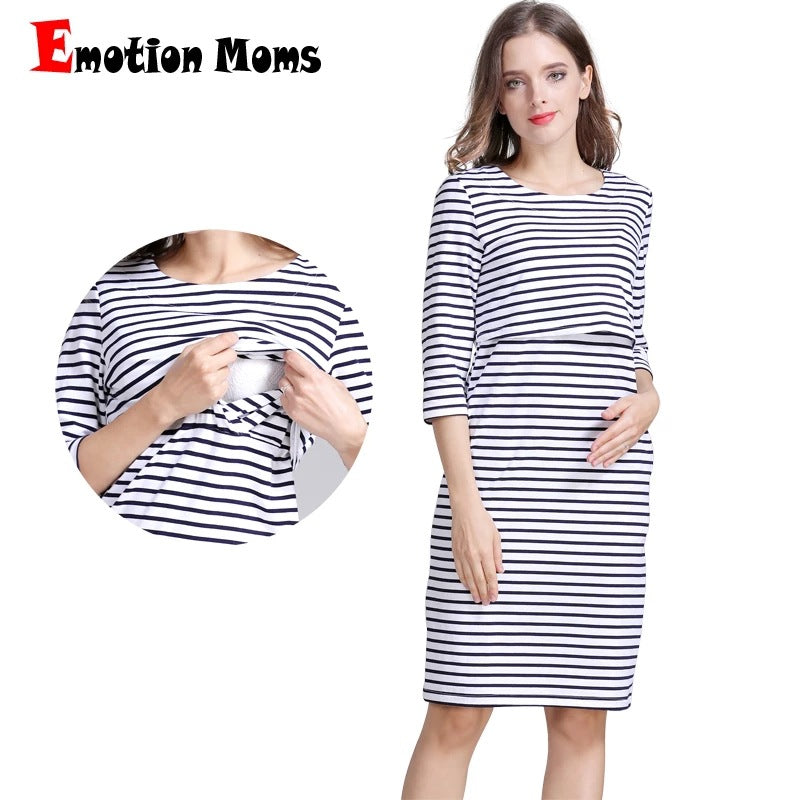 Spring and Autumn slimming mid-sleeved maternity wear, pure cotton striped upward-lifting postpartum lactation dress, large-sized women's wear