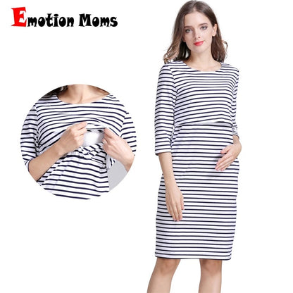 Spring and Autumn slimming mid-sleeved maternity wear, pure cotton striped upward-lifting postpartum lactation dress, large-sized women's wear