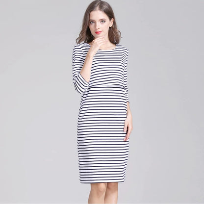 Spring and Autumn slimming mid-sleeved maternity wear, pure cotton striped upward-lifting postpartum lactation dress, large-sized women's wear