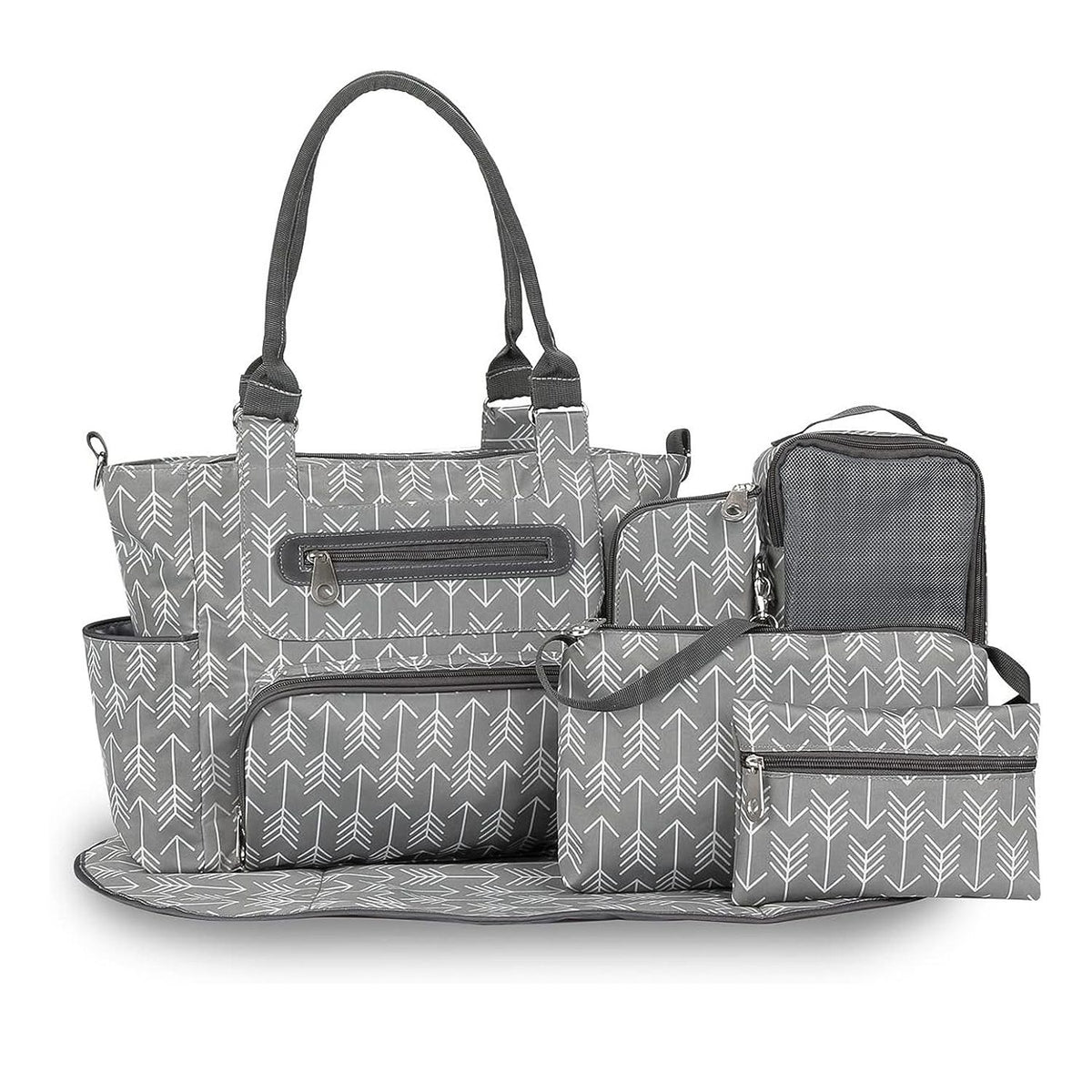 Gray 8-piece diaper bag set with changing pad, organizer pouches and multiple storage bags by Mama's Dream