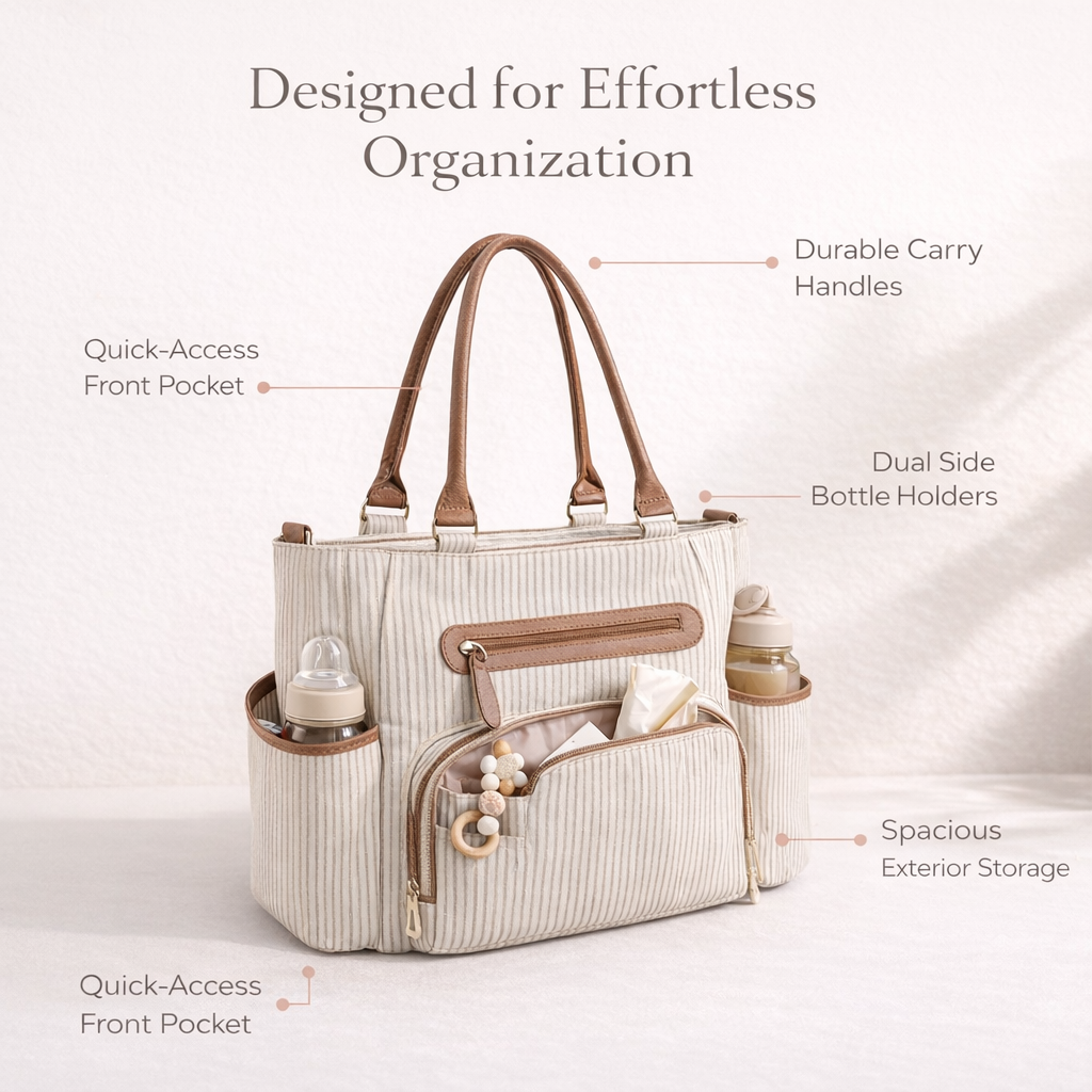 8 Piece Diaper Bag Set with Insulated Bottle Pockets featuring durable carry handles and spacious exterior storage.