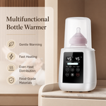 White multifunctional bottle warmer with a digital control panel and a clear protective cover, shown beside text highlighting features such as gentle warming, fast heating, even heat distribution, and food-grade materials.