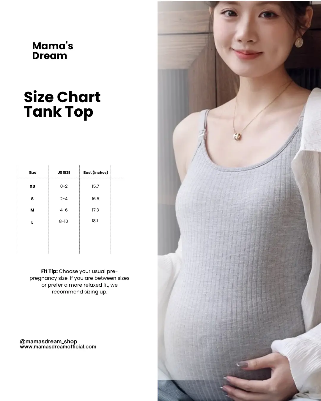 Maternity Halter Top Measurement table. From pregnancy to postpartum halter top sizes
