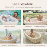 Inflatable baby bathtub being used in different places; pool, living room, tub, and outdoors