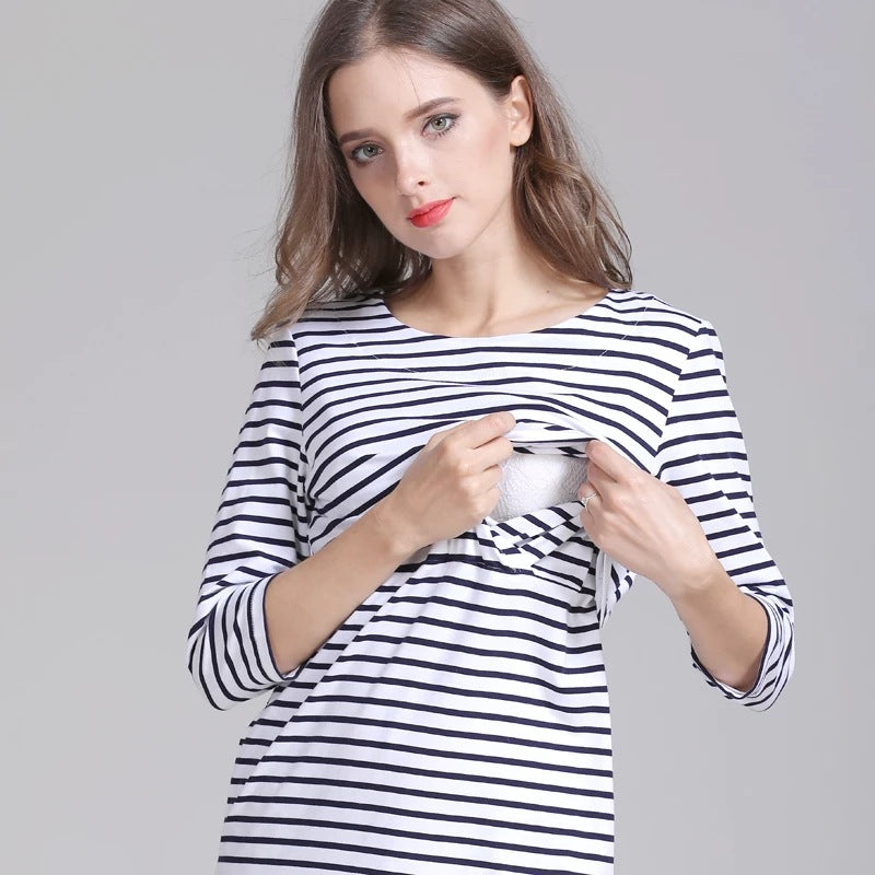 Spring and Autumn slimming mid-sleeved maternity wear, pure cotton striped upward-lifting postpartum lactation dress, large-sized women's wear