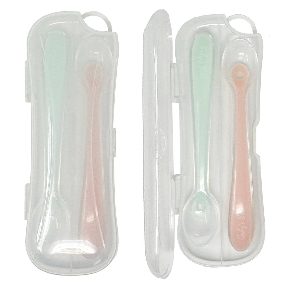 Open and closed clear travel case holding pink and mint baby feeding spoons by Mama's Dream