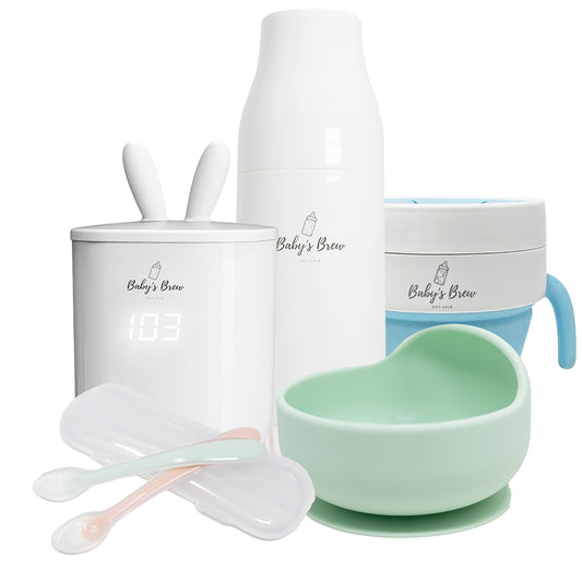 Baby's Brew baby feeding set with bottle warmer, containers, bowl and spoons by Mama's Dream