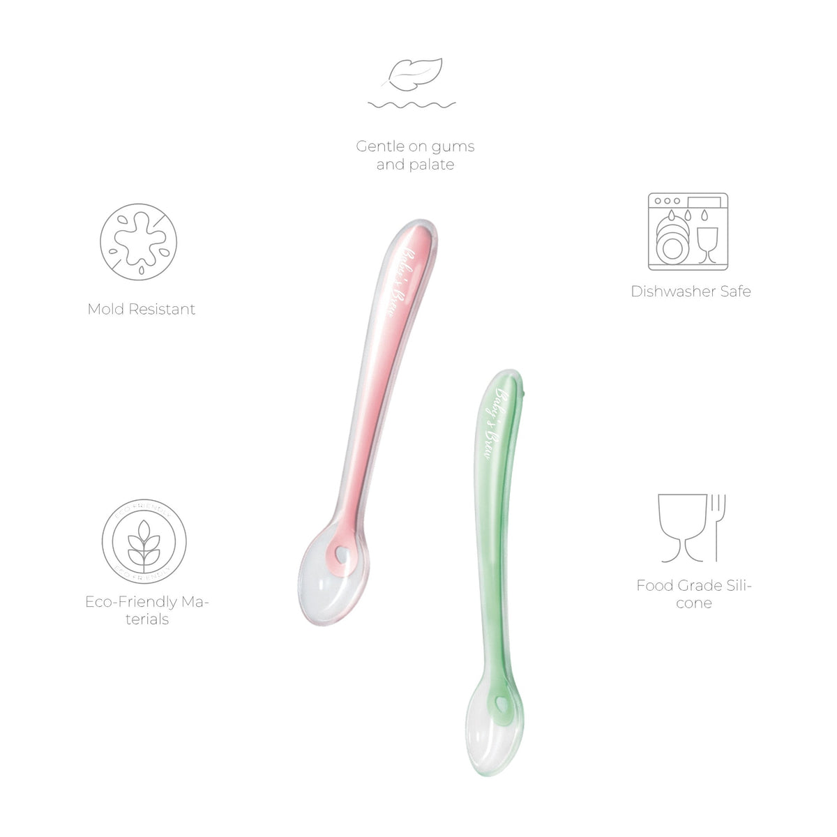 Pink and mint Baby's Brew baby feeding spoons shown with product feature icons by Mama's Dream
