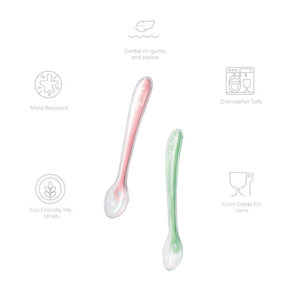 Pink and mint Baby's Brew baby feeding spoons shown with product feature icons by Mama's Dream