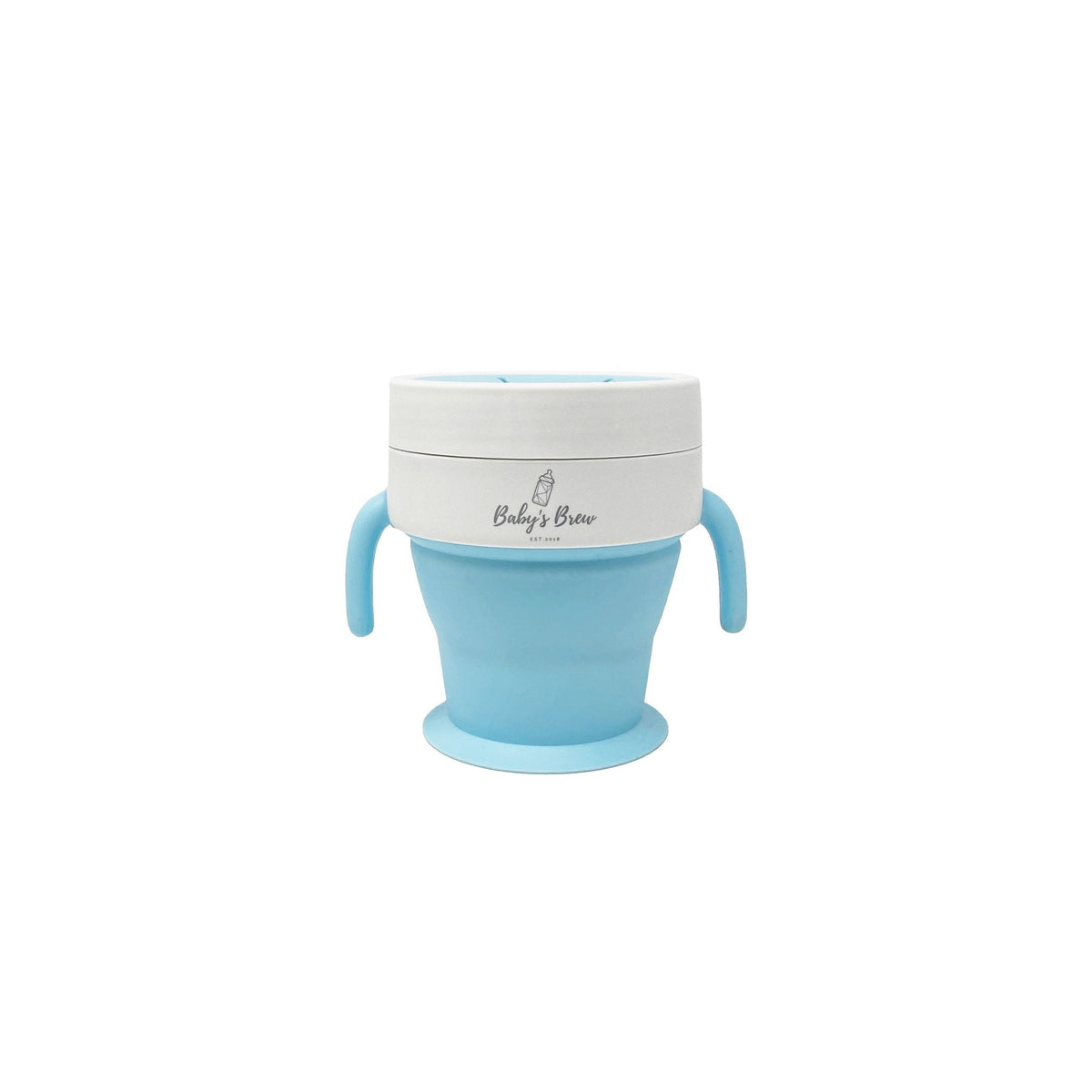 Blue Baby's Brew baby cup with two handles and lid on a white background by Mama's Dream