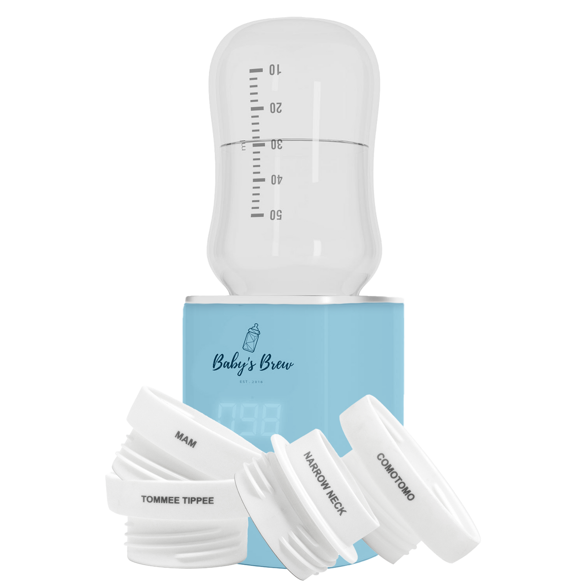 Blue Baby's Brew portable bottle warmer with measuring container and four bottle adapters by Mama's Dream