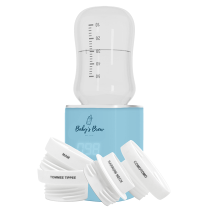Blue Baby's Brew portable bottle warmer with measuring container and four bottle adapters by Mama's Dream