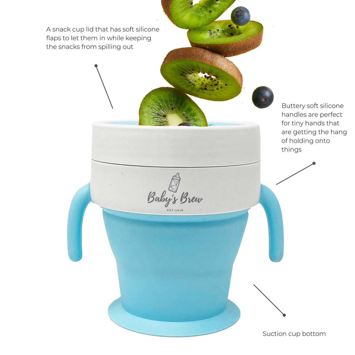 Blue Baby's Brew snack cup with handles, suction base and kiwi slices above the lid by Mama's Dream