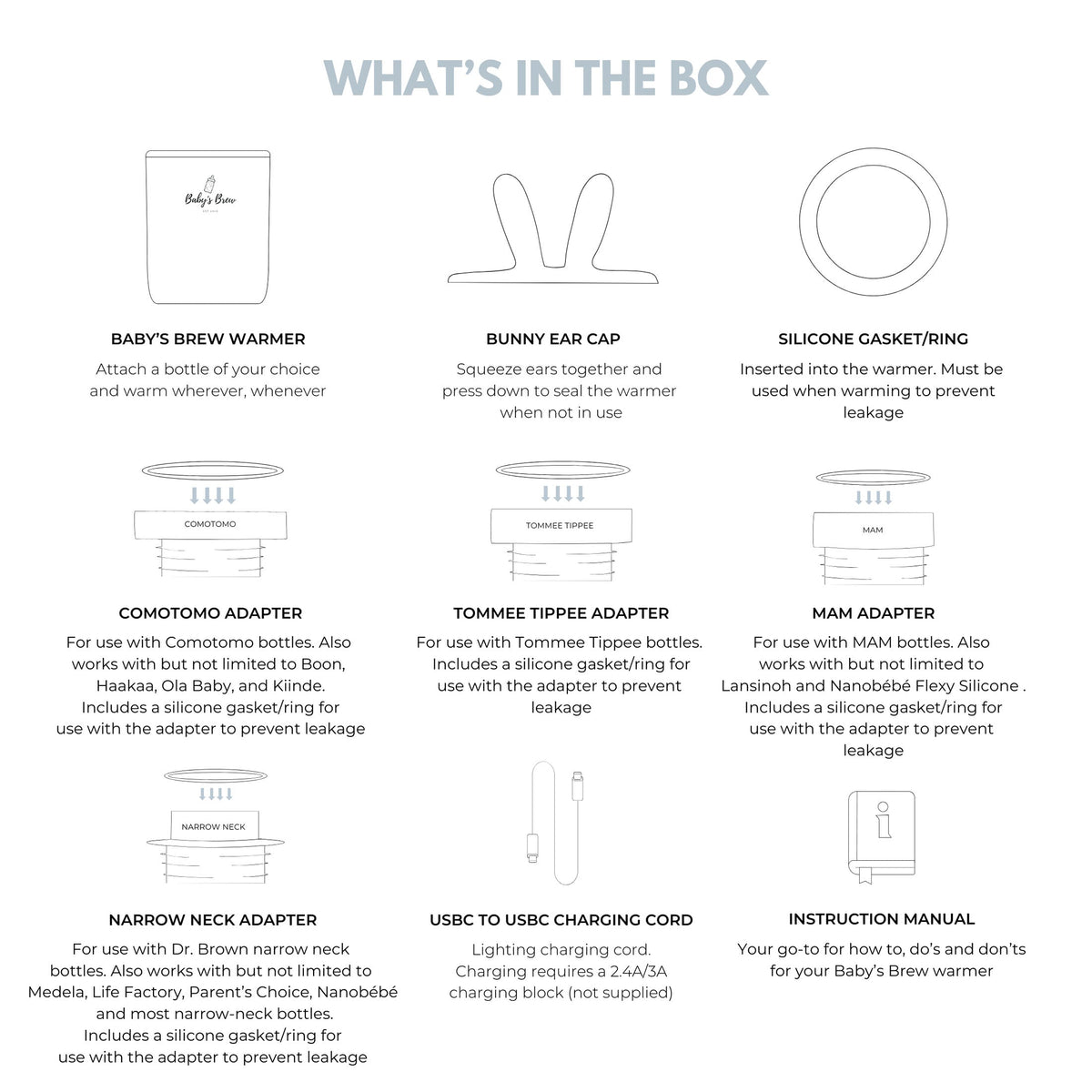 Diagram of Baby's Brew bottle warmer box contents, including four bottle adapters, charging cable and manual by Mama's Dream