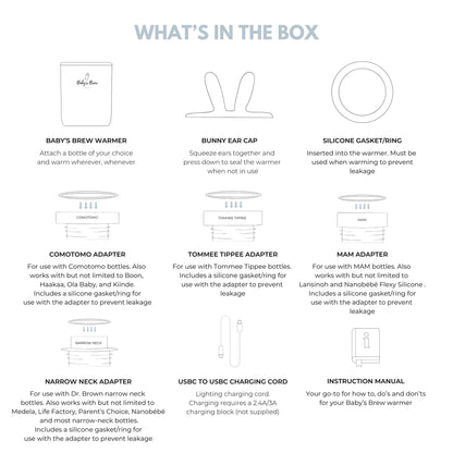 Diagram of Baby's Brew bottle warmer box contents, including four bottle adapters, charging cable and manual by Mama's Dream
