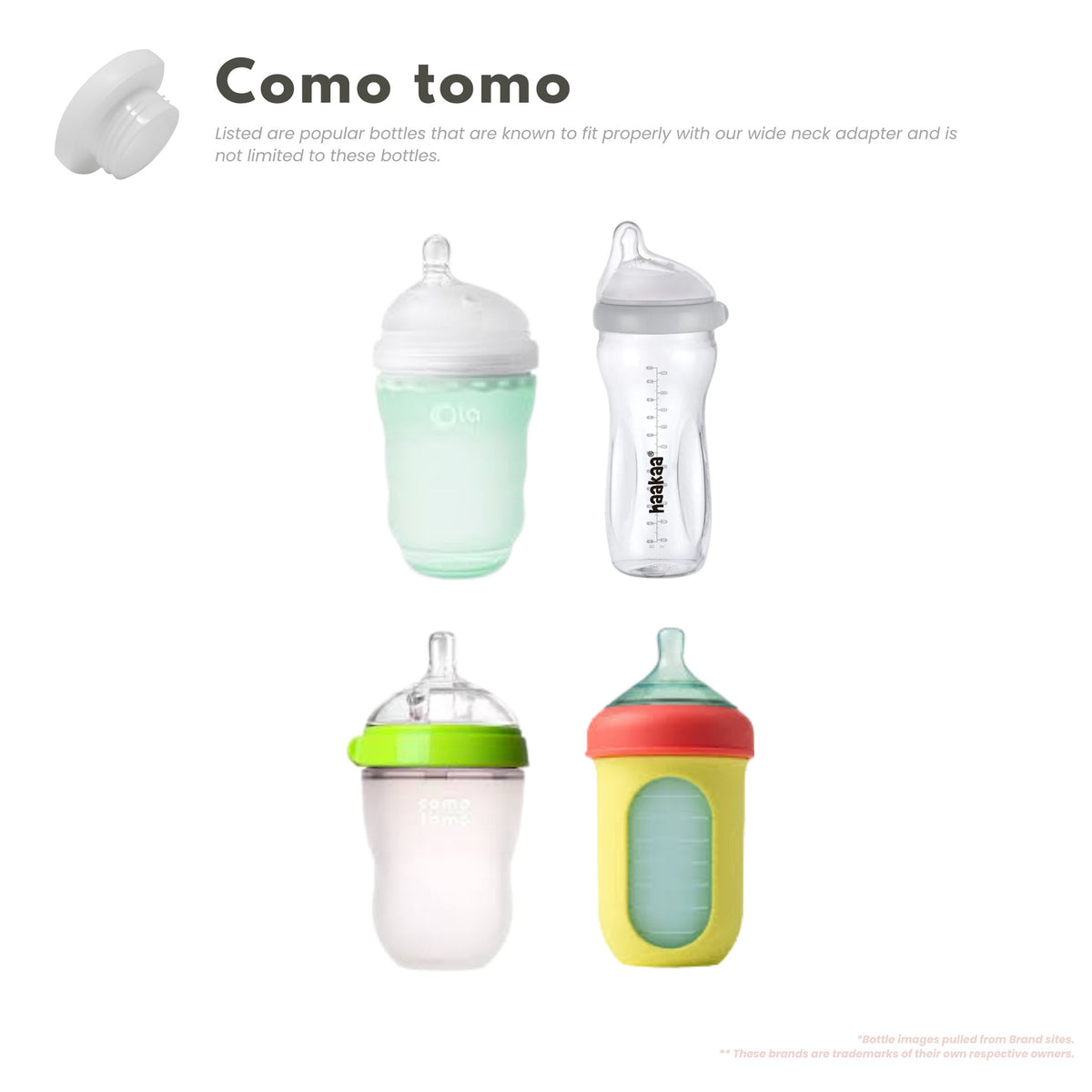 Baby's Brew Comotomo bottle adapter shown with four examples of wide neck baby bottles by Mama's Dream