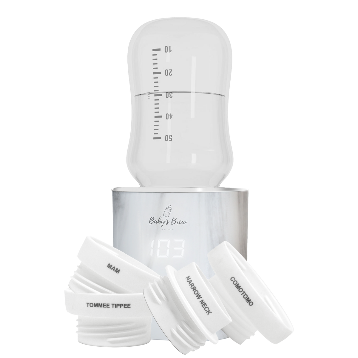 Marble finish Baby's Brew portable bottle warmer with measuring container and four bottle adapters by Mama's Dream