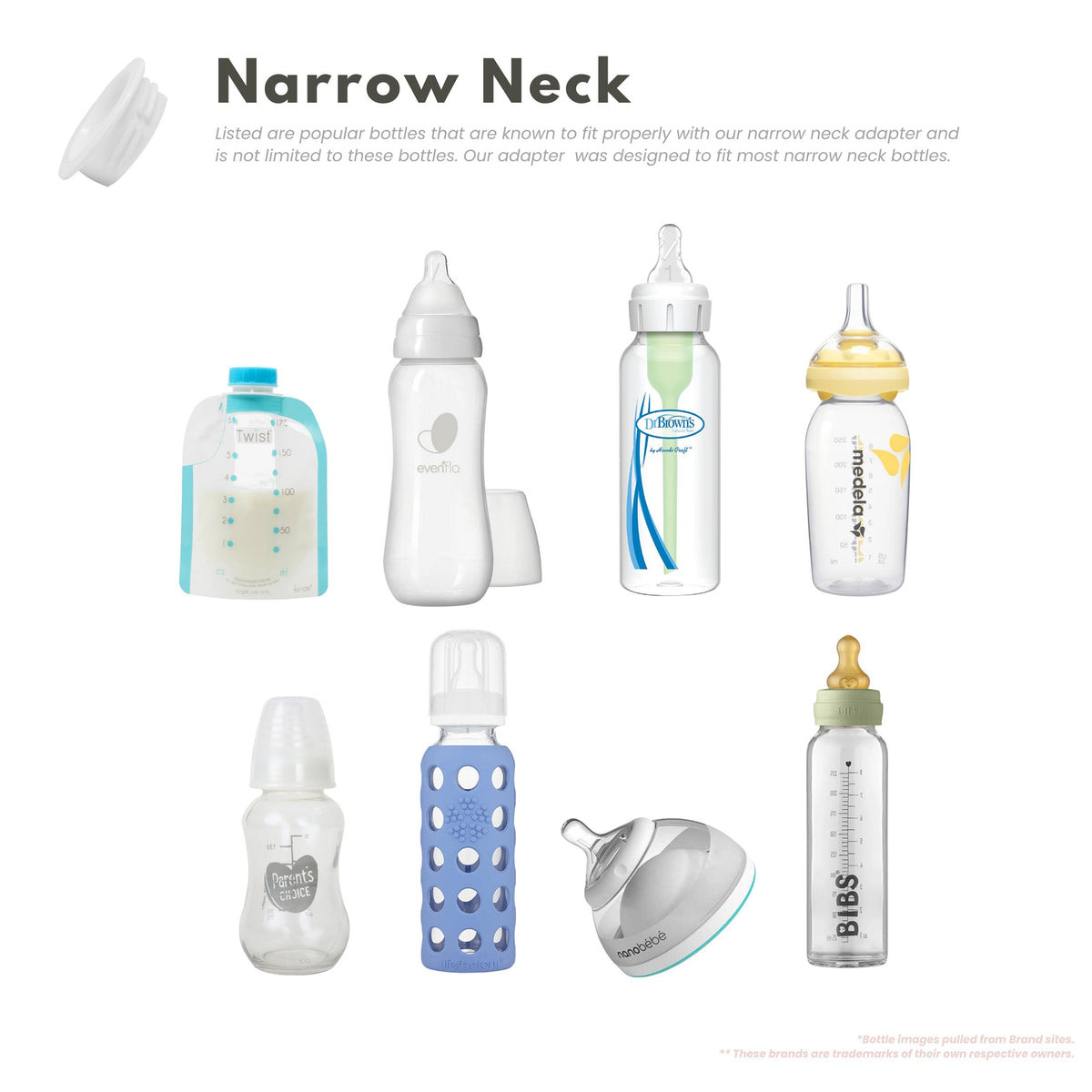 Baby's Brew narrow neck bottle adapter shown with examples of baby bottles by Mama's Dream