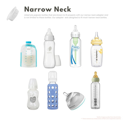Baby's Brew narrow neck bottle adapter shown with examples of baby bottles by Mama's Dream