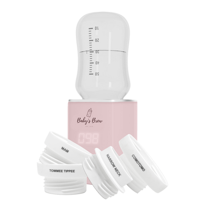 Pink Baby's Brew portable bottle warmer with measuring container and four bottle adapters by Mama's Dream