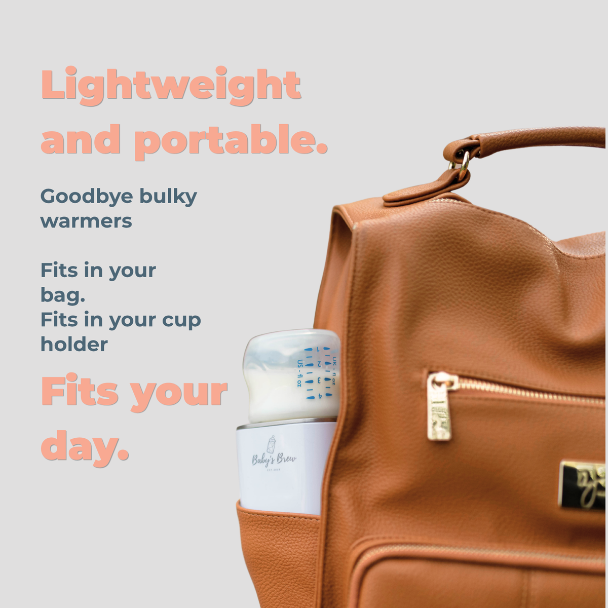 Baby's Brew portable bottle warmer with attached baby bottle tucked into the side pocket of a brown diaper bag by Mama's Dream