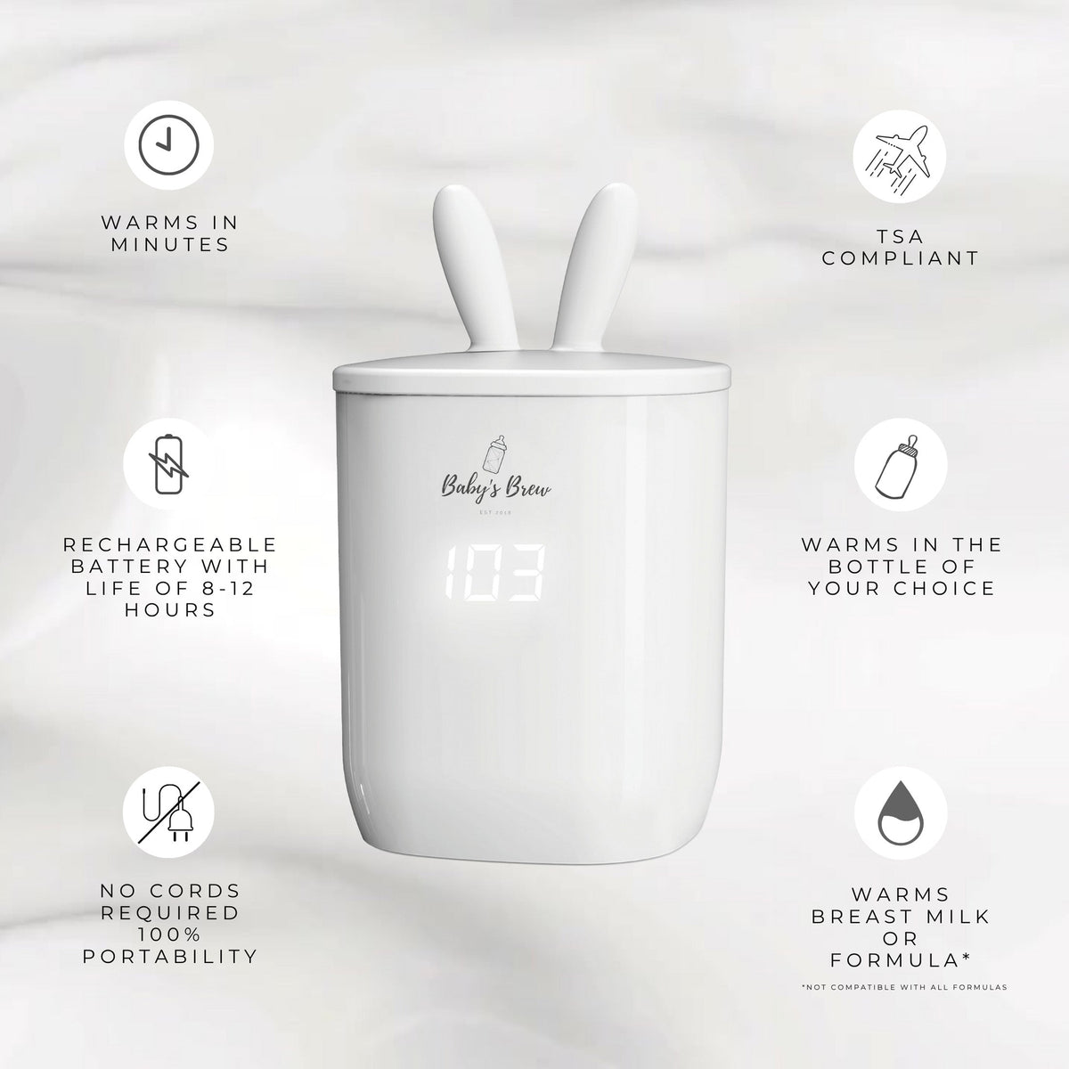  Baby's Brew portable bottle warmer with icons for rechargeable battery, cordless use and milk warming by Mama's Dream