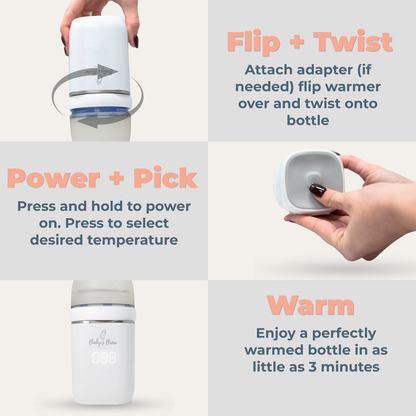 Three-step guide showing how to attach a Baby's Brew portable bottle warmer to a baby bottle, turn it on, and select a temperature by Mama's Dream