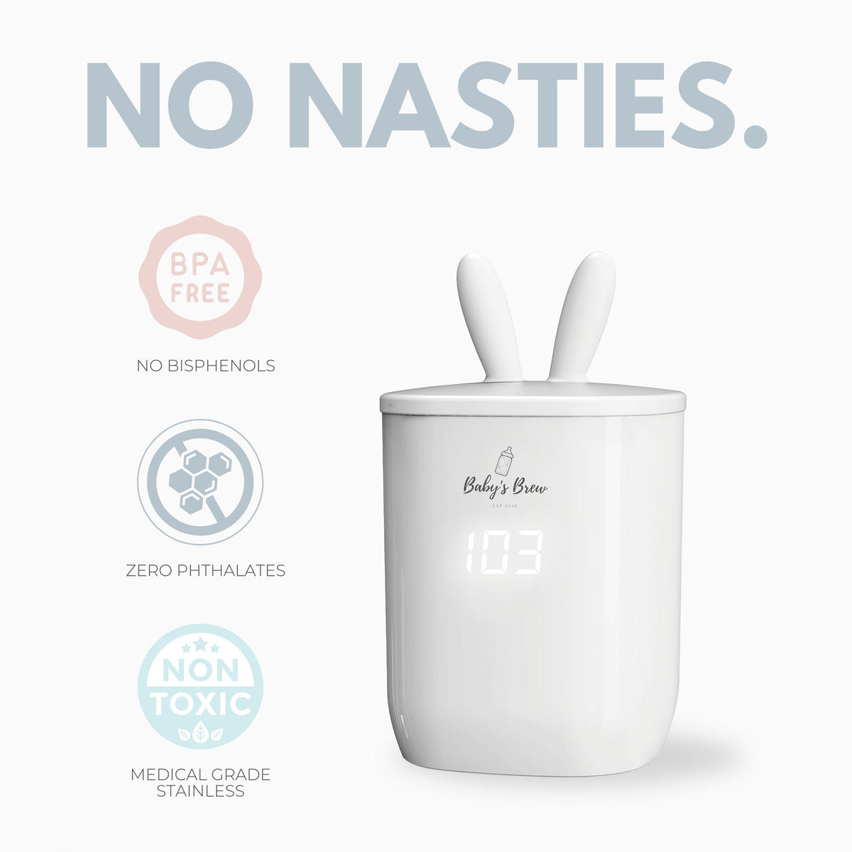 Baby's Brew portable bottle warmer with bunny ear cap and infographic stating BPA free, no phthalates, and medical grade stainless steel by Mama's Dream