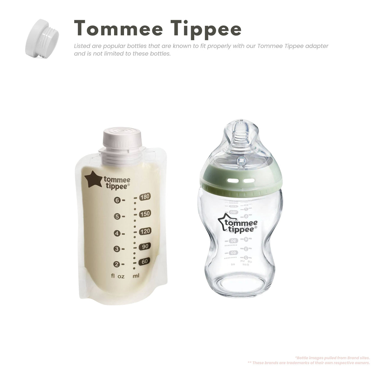 Baby's Brew Tommee Tippee bottle adapter shown beside two Tommee Tippee feeding containers by Mama's Dream