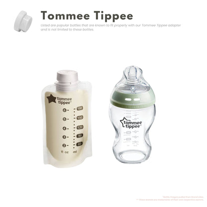 Baby's Brew Tommee Tippee bottle adapter shown beside two Tommee Tippee feeding containers by Mama's Dream