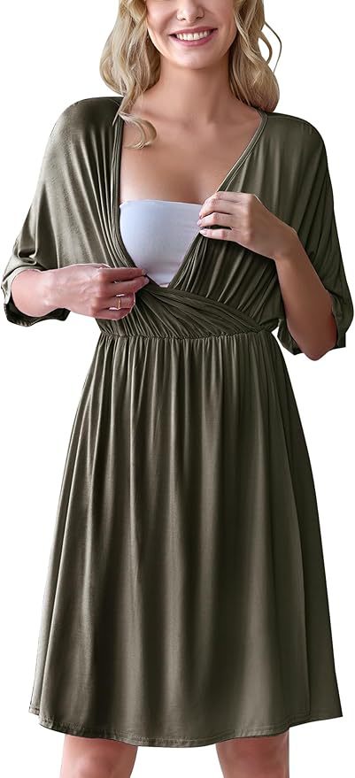 V-Neck Maternity & Nursing Wrap Dress with Kimono Sleeves