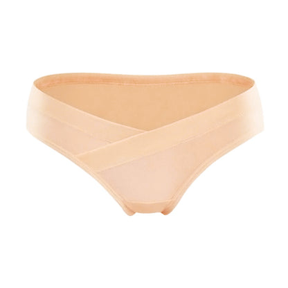 Beige maternity underwear with a crossover waistband that sits below the belly, shown on a white background by Mama's Dream