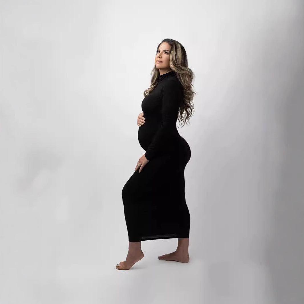 Black long sleeve maternity dress with fitted silhouette for pregnancy photoshoots by Mama's Dream