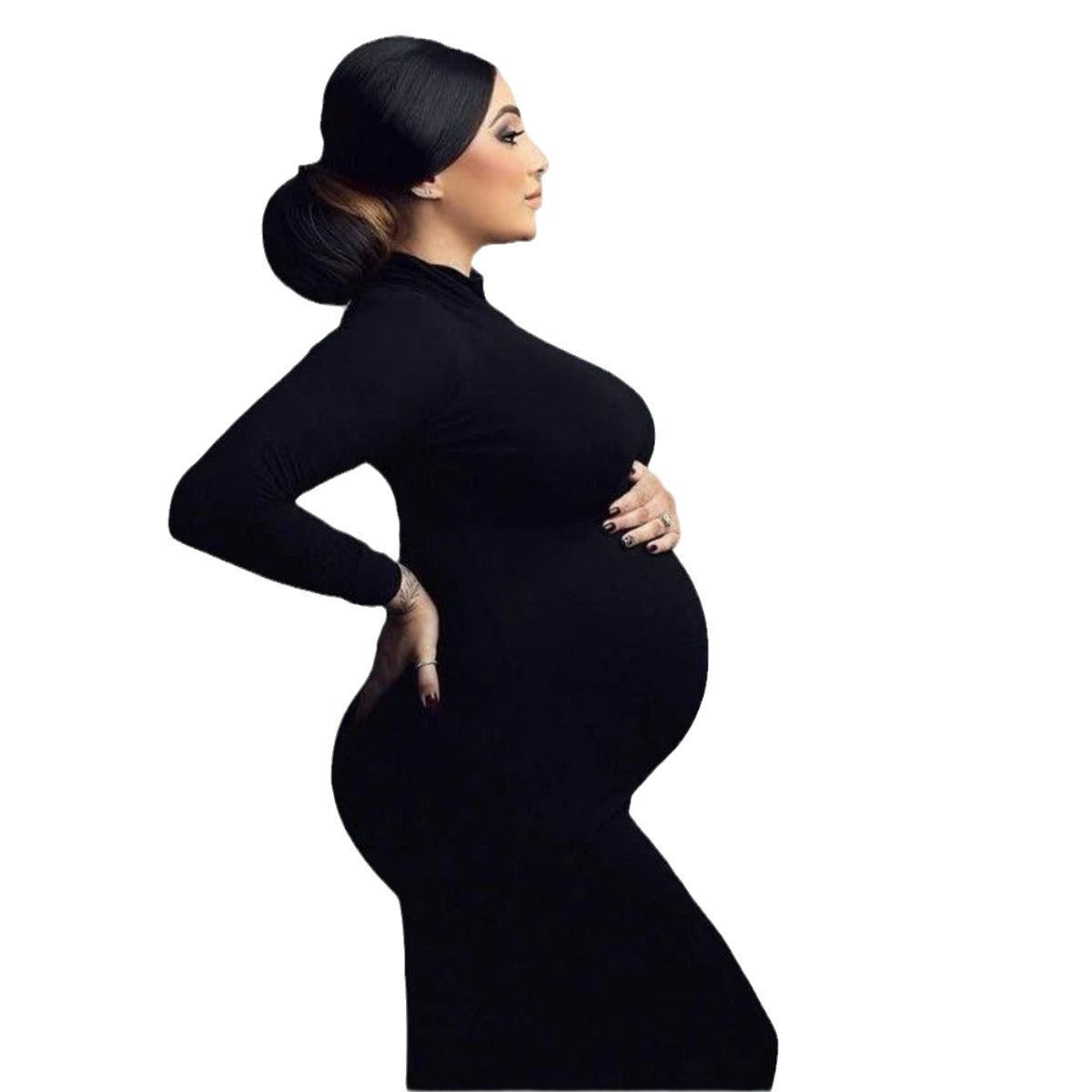 Black long sleeve maternity dress with turtleneck and fitted silhouette for pregnancy photoshoots by Mama's Dream