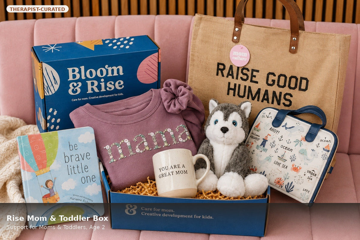 Bloom & Rise mom and toddler gift box with a book, plush toy, mug and clothing by Mama's Dream